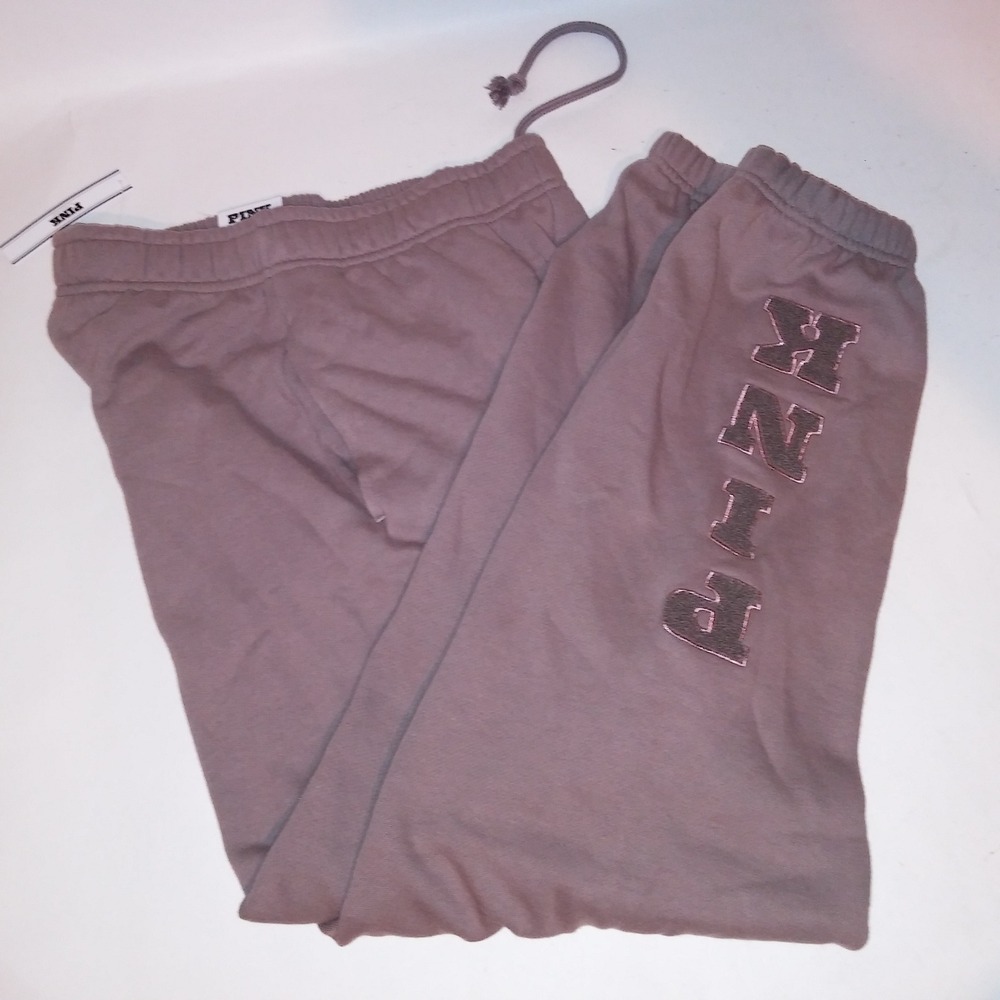 Victoria Secret PINK Sweatpants Small High Rise Ivy Fleece Taupe Solid Logo New